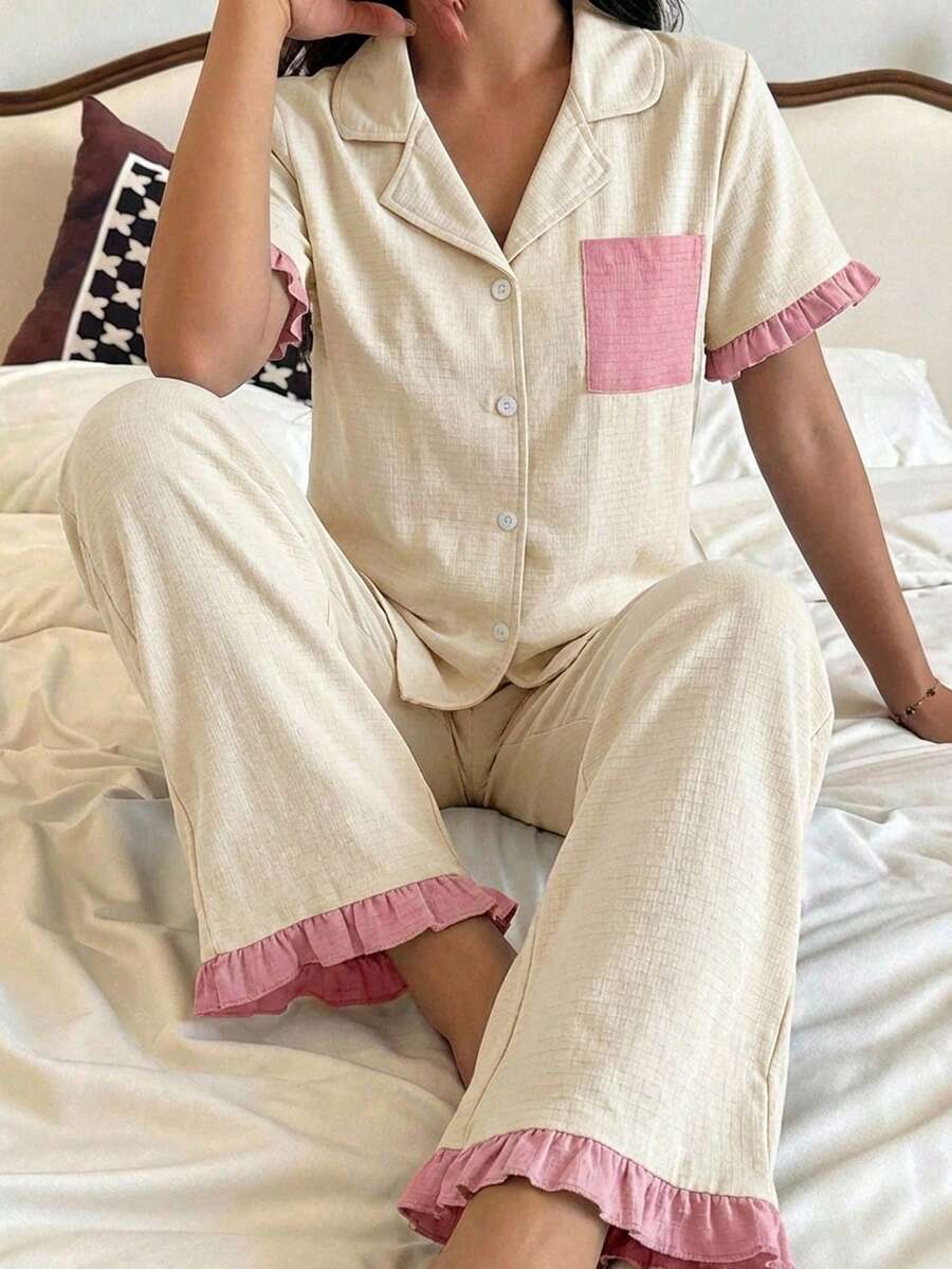 2件套少女短袖翻领上衣和休闲裤家居服套装 - 彩色 - 查看 1