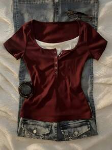 SHEIN Áo thun ngắn tay nữ màu đỏ rượu vang 2 trong 1 - Nhiều màu - Xem 2