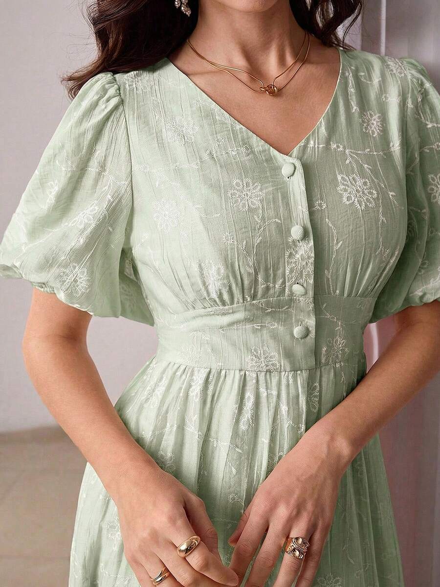 Modelyn V-Neck Petal Sleeve Jacquard Front Button Dress - Green - View 1