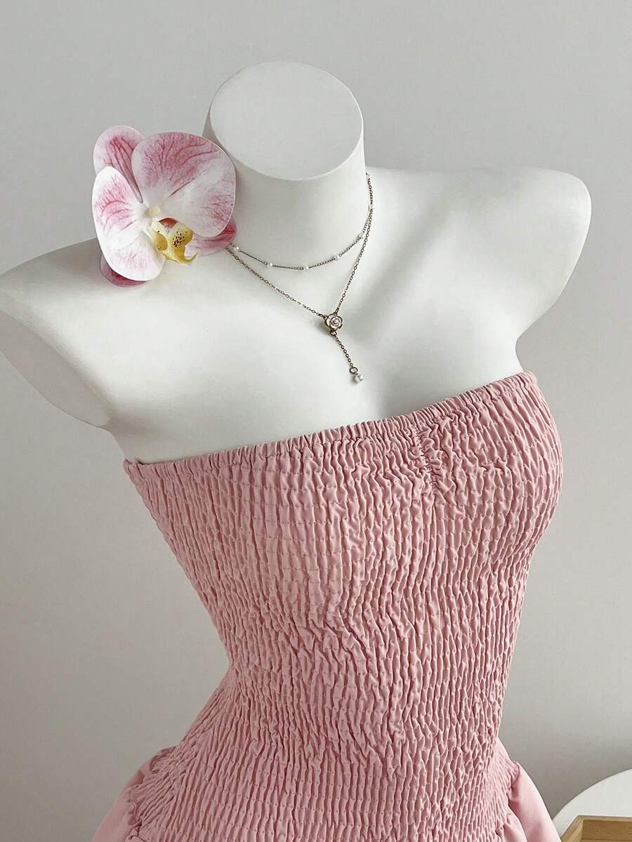 Elamini Vestido con pecho fruncido y volante en el bajo, color rosa - Rosa - Ver 1