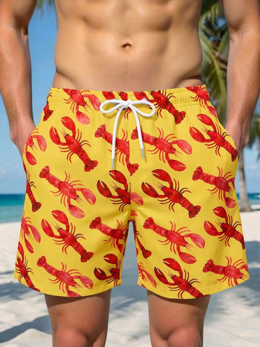 Manfinity Swimmode 男士休闲时尚龙虾印花沙滩短裤 - 芥末黃 - 查看 1