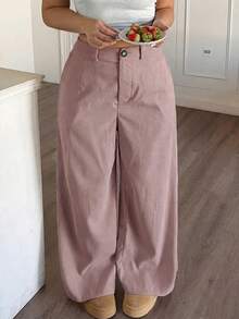 SHEIN PETITE CURVE Solid Color Casual Loose Comfortable Pants - Pink - View 1