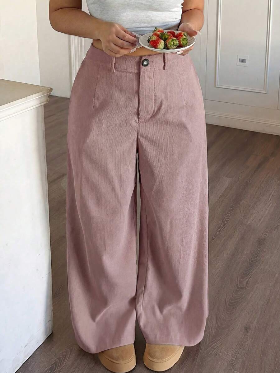SHEIN PETITE CURVE Solid Color Casual Loose Comfortable Pants - Pink - View 1