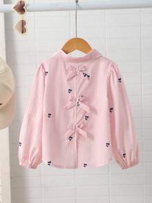 Young Girl Summer Striped Cherry Print Casual Versatile Daily Wear Shirt - Pink - View 3