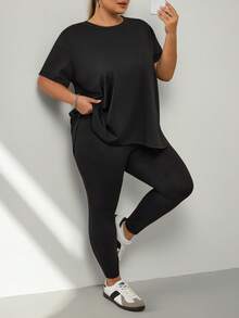 SHEIN CURVE+ Ensemble 2 pièces décontracté pour femmes grandes tailles, t-shirt à col rond à manches courtes de couleur unie et leggings - Noir - Voir 6