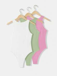 SHEIN BASICS 3 pièces/set Body moulant en tricot à col rond sans manches de couleur unie décontracté pour femmes - Multicolore - Voir 2