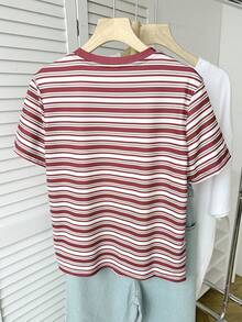 青少年女孩休閒百搭甜美紅色條紋愛心刺繡圖案圓領基本款T恤 - 紅色 - 查看 2