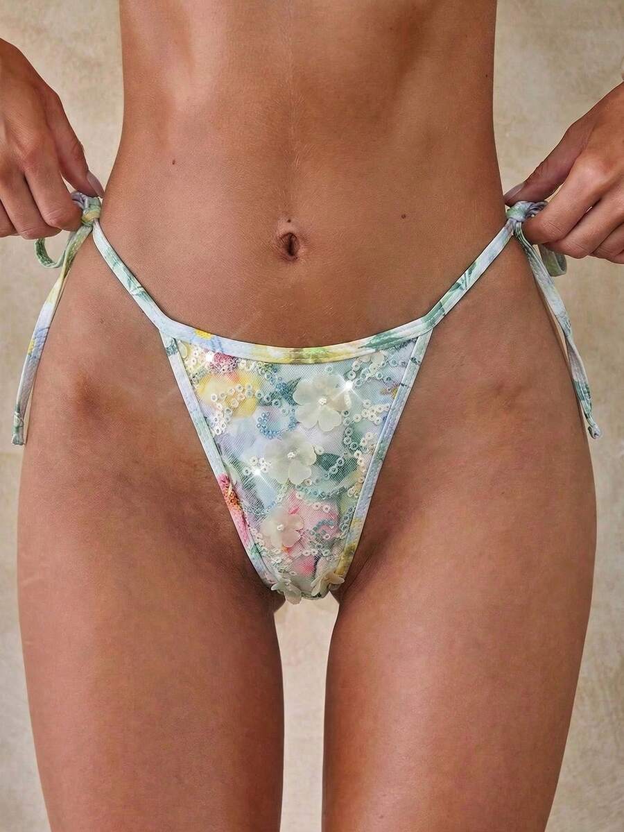 Aloruh Women's Spring/Summer New Floral Print Beaded Embroidered Fabric Luxurious Party Bikini Bottom, Music Festival, Vacation, Beach Cream Flowy Sexy - Apricot - View 1