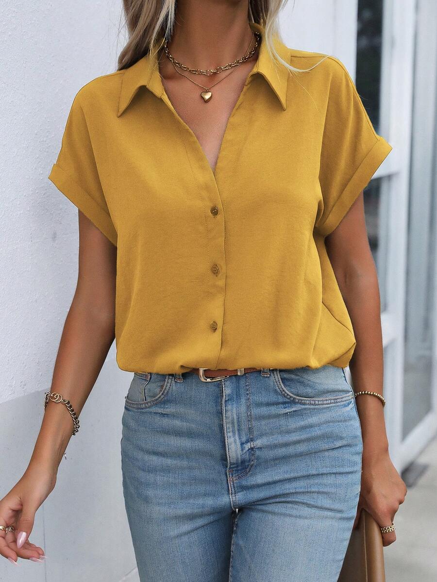 EMERY ROSE Women's Solid Color Single-Breasted Casual Versatile Daily Wear Shirt - Yellow - View 1