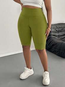 SHEIN PETITE CURVE Plus Size Women Casual Solid Color Leggings, Suitable For Summer - Army Green - View 4