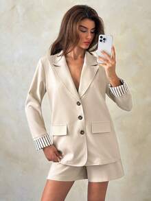 SHEIN Women Two Pieces Blazer And Short Regular Fit Suit Sets - Beige - View 7