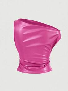 Siren Gaze Áo da nữ phong cách thường ngày thập niên 90, trang phục đường phố, áo tank top PU cổ xếp ly màu trơn, áo không tay, áo đi chơi, áo nữ mùa thu thích hợp cho đi chơi và dự tiệc, áo da nữ màu hồng, áo da mềm mại, áo nữ mùa hè. - Màu Hồng Tươi - Xem 3