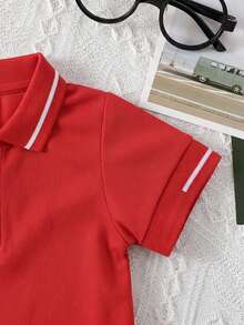 Bộ 2 món áo thun polo và quần short phong cách tối giản cho bé trai sơ sinh và chập chững, họa tiết sọc đỏ trắng, trang phục mùa hè thường ngày đi biển, dự tiệc và dạo phố - Đỏ - Xem 5