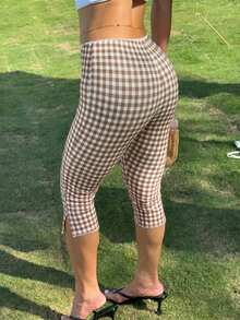 SHEIN EZwear Quần legging thun kẻ caro màu nâu cà phê cho nữ - Cà phê nâu - Xem 2