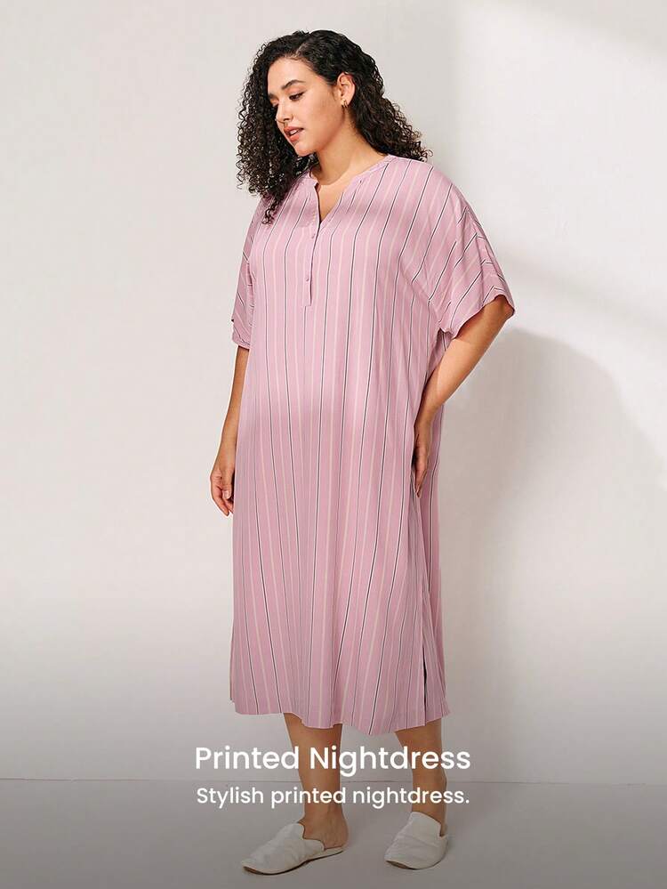 Plus Soft Rayon Short-Sleeve Button-Up Nightdress Women Pijamas Slip Dress