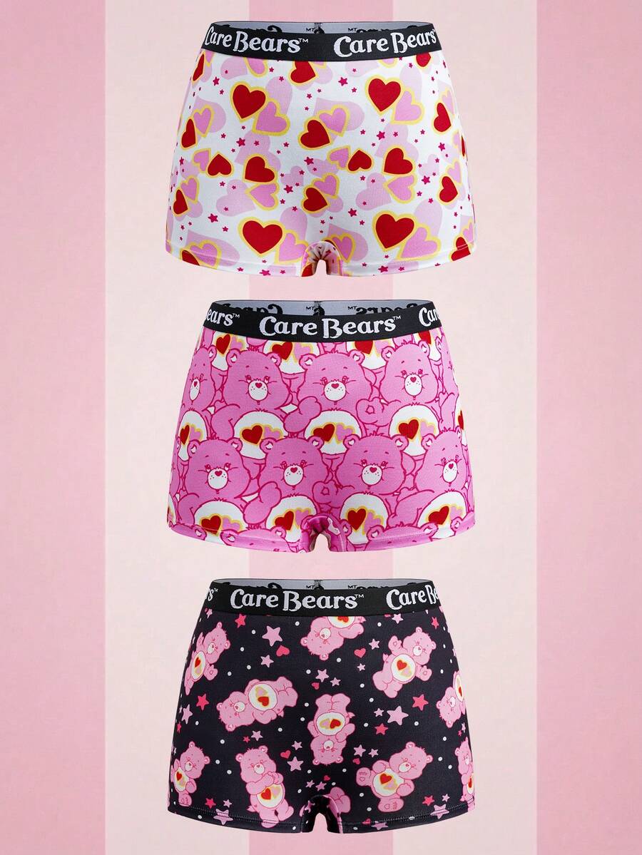 SHEIN X Care Bears 3条装女士低腰三角内裤，白色、粉色、黑色，带字母印花 - 粉色 - 查看 1