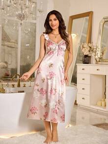 LuxeNights Floral Imitation Silk Ruffle Hem Women's Nightgown - Multicolor - View 4