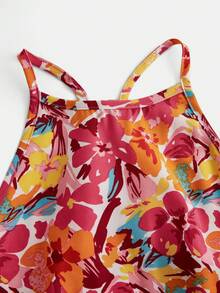 Tween Girls' Casual Vacation Tropical Floral Print Sleeveless Spaghetti Strap Backless Asymmetric Hem Ruched Dress - Orange - View 3