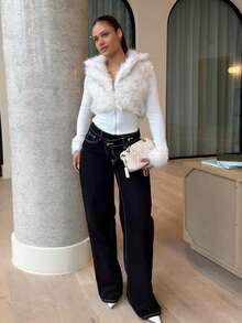 LHSEPT 秋冬时尚街头风格白色仿皮草拉链长袖女夹克 - 白色 - 查看 6