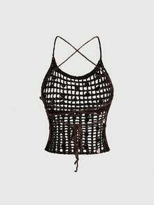 Y2K Top de punto sin espalda con cuello halter y diseño cruzado hueco, sexy, para mujeres - Marrón - Ver 2