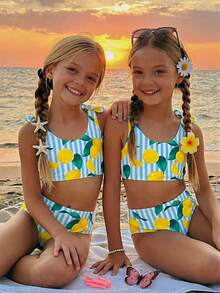 Young Girl Striped Lemon Print Bikini Top And Triangle Bottoms Casual Holiday Swimsuit Set - Multicolor - View 7