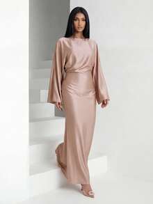 Veilorie Vestido largo de estilo árabe de manga larga y unicolor, de uso casual y modesto - Rosa coral - Ver 4