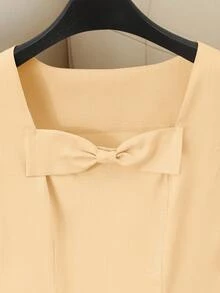 SHEIN Franclia 女士优雅别致简约纯色钥匙孔领花瓣袖蝴蝶结装饰收腰中长连衣裙，夏季 - 淡黃色 - 查看 6