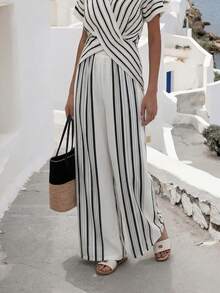 SHEIN Holidaya Women's Striped Casual Versatile Wide Leg Pants For Daily Wear - White - View 5
