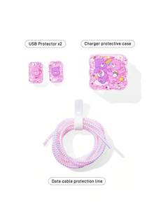 SHEIN X Care Bears Bộ 3 ốp bảo vệ cáp dữ liệu, phù hợp với bộ sạc , họa tiết hoa anh đào, ốp bảo vệ bộ sạc (không kèm cáp dữ liệu) - Hồng - Xem 5