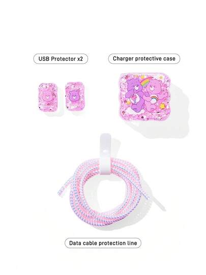 SHEIN X Care Bears 3 ชิ้น ปลอกป้องกันสายเคเบิลข้อมูล, เหมาะสำหรับที่ชาร์จ , ลายพิมพ์เชอร์รี่, ปลอกป้องกันที่ชาร์จ (ไม่มีสายเคเบิลข้อมูล)