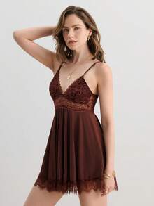 Hourtrue 性感蕾丝露背女士家居服睡袍仿丝绸睡衣睡衣连衣裙 - 咖啡棕 - 查看 4