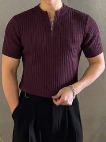 DAZY Burgundy Short Sleeve Half-Zip Knit Sweater For Men Summer - Burgundy - View 2