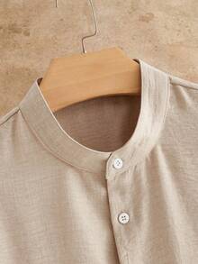 Manfinity VCAY Men's Solid Color Single-Breasted Casual Pocket Woven Short Sleeve Shirt - Khaki - View 4