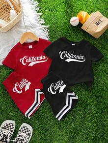 Conjunto de 4 piezas de top de punto de cuello redondo holgado con estampado de letras y pantalones cortos de color contrastante, estilo deportivo casual para bebé niño/niña, adecuado para primavera/verano, interior y exterior, deportes - Multicolor - Ver 8