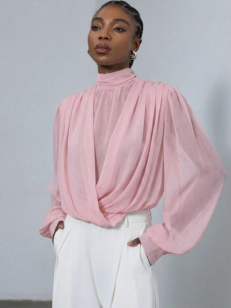 Aveloria Modichic Chocolate Brown Mock Neck Sheer Blouse, Lightweight Chiffon Fabric, Wrap Front Design, Oversized Puff Sleeves, Versatile Wear, Suitable For Commute, Date, Party, Urban Semi-Formal Outfits - Pink - View 1