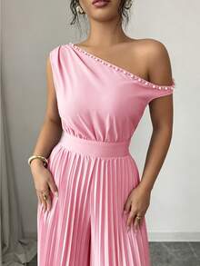 Modelyn Blue Pearl Pleated Shoulder Jumpsuit For Women - Pink - View 3