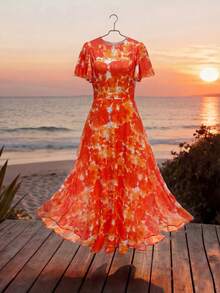Elenzga Gaun Wanita Elegan Romantis dengan Motif Bunga Tanpa Posisi, Lengan Berkerut, Leher Bulat, Pinggang Diikat, dan Cetakan Digital - MultiWarna - View 7