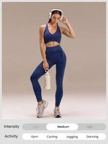 GLOWMODE 24英寸超细柔软无缝高腰仿牛仔水洗紧身裤，适合训练、跑步、健身、运动等场合穿着 - Dark Blue - 查看 7