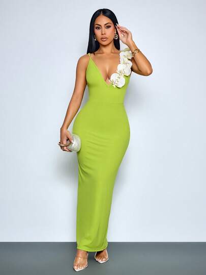 SOLERSUN Spring And Summer Women's Elegant Party, Gathering, Date, Afternoon Tea, Music Festival, Everyday Activities, Wedding Season, Back-To-School Season Sleeveless Slim-Fit Long Dress, 3D Floral Embellishments, Summer Set, Extra Long Dress