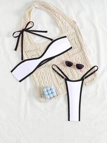 Swim SXY 女士撞色滚边细肩带可拆卸丁字裤比基尼套装，性感两件式泳衣比基尼套装，伊比沙岛 Zestiva 泳装两件套，女士比基尼度假套装，购买女士比基尼 - 彩色 - 查看 4