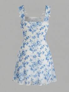 SHEIN Tween Girl Bow Decor Leopard Print Sleeveless Square Neck Fitted Dress Mothers Day Outfit Graduation Suitable For Spring & Summer Daily, Outing, Vacation, Holiday Wear, Stylish Girls, Casual Wear, New Style, Homecoming, Chill Vibe Outfits, Back To School, Girly Style T Shirt - Blue and White - View 6