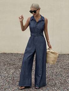 DAZY 女士休闲蓝色连体裤，适合春夏办公穿着 - 藏蓝色 - 查看 4