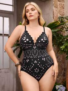 Swim Oasis Plus Size Women's Sexy Printed High-End Beach Resort Style One-Piece Swimsuit With Printed Mesh Skirt 2-Piece Set - Black - View 7