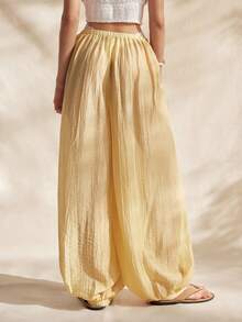 Easelle Quần ống rộng màu trơn dáng suông dành cho nữ, quần boho mùa hè, quần vải lanh màu vàng dự tiệc, quần harem cho nữ. - Màu vàng - Xem 7
