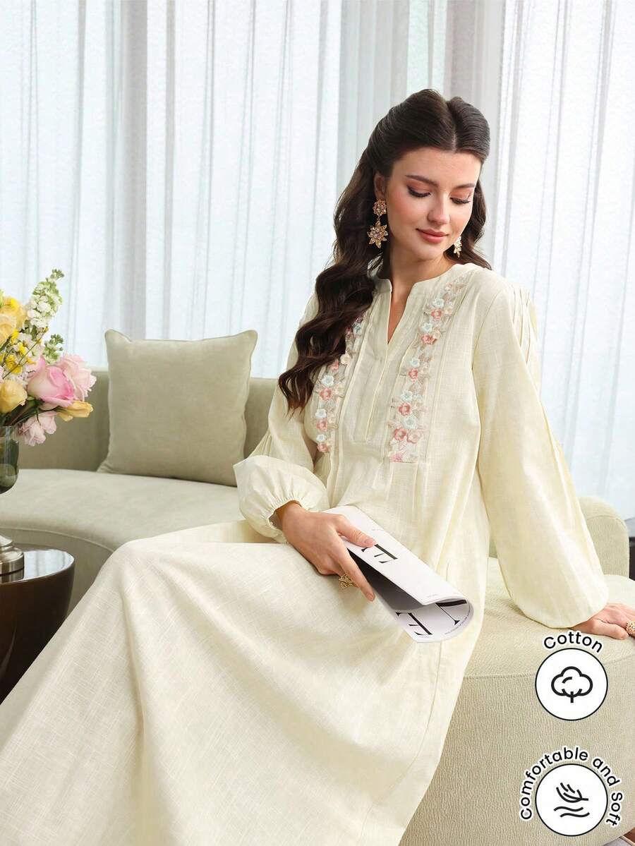 Yasmyna 刺绣蕾丝拼接条纹黄色棉质阿拉伯长袍 - 杏色 - 查看 1