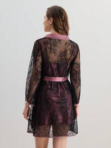 SilkySpell Lace Belted Robe & Cami Pajama Night Dress - Multicolor - View 2