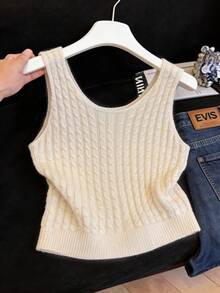 GlowEve Áo vest dệt kim không tay cổ tròn thanh lịch, thiết kế mới mùa xuân/hè dành cho nữ. - Màu be - Xem 2