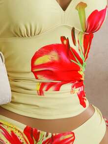 Zestiva Bộ đồ bơi tankini nữ mùa Xuân/Hè mới, in họa tiết, buộc dây, có chức năng định hình vòng eo, màu vàng. Áo bơi - Nhiều màu - Xem 8