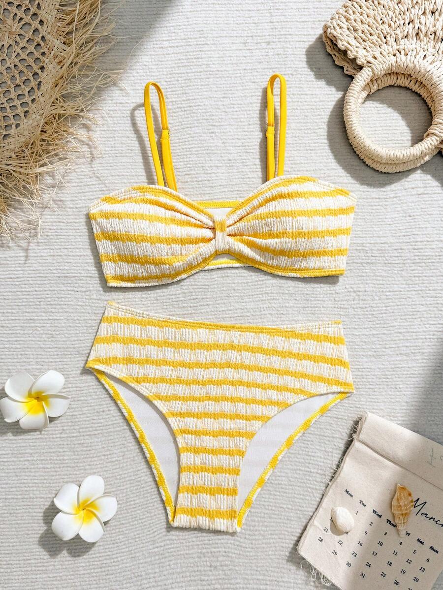 SHEIN 少女条纹荷叶边比基尼套装，适合海滩度假 - 黃色 - 查看 1