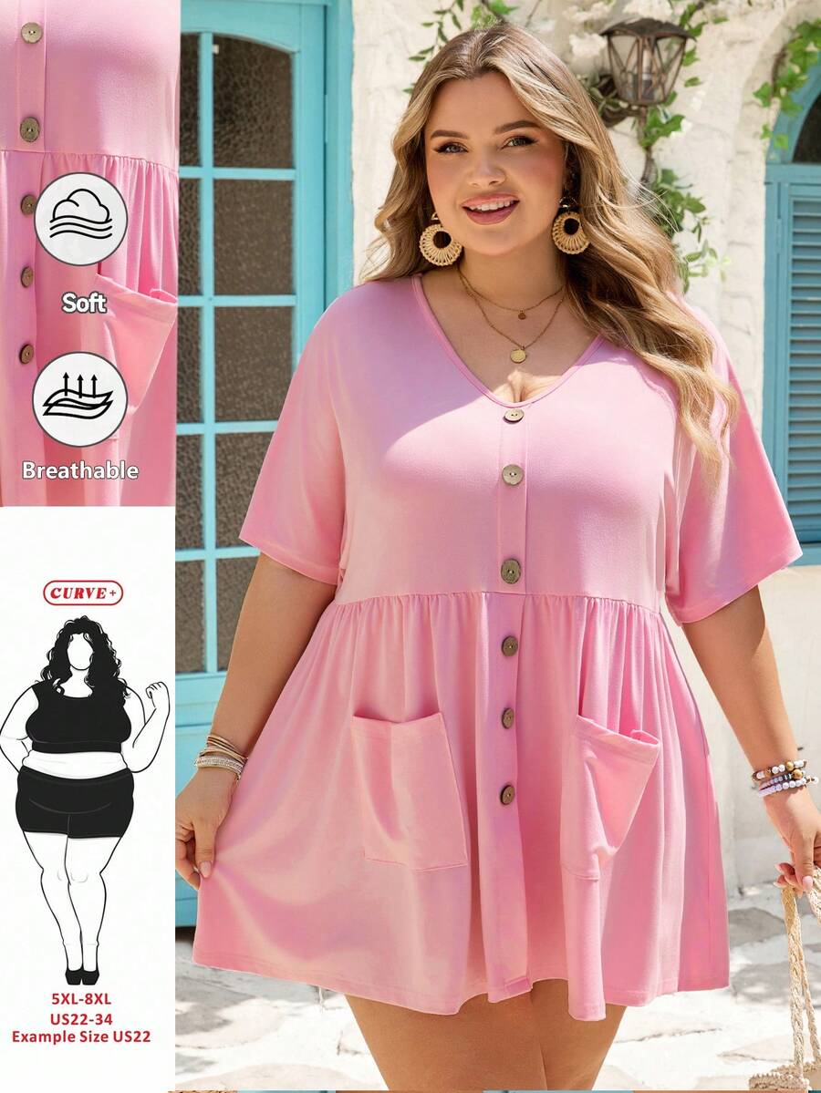 SHEIN CURVE+ 加大码前扣双口袋短袖夏季休闲T恤 - 粉色 - 查看 1